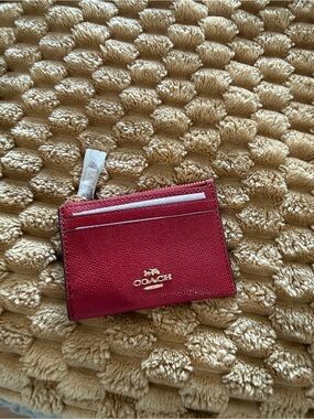 Coach Crimson Red Leather Card & Key Holder with Gold Logo